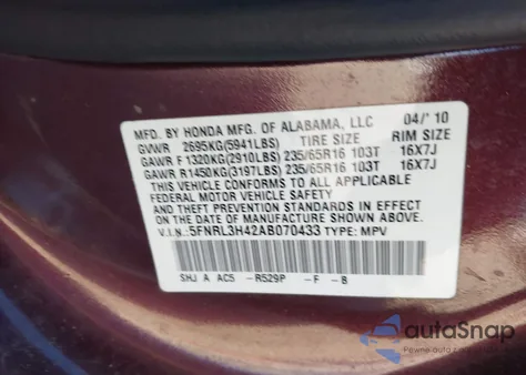 2010 Honda Odyssey Ex from USA, damaged, VIN 5FNRL3H42AB070433